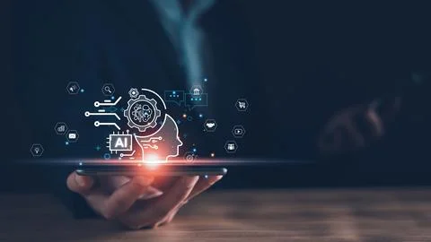 AI technology, Artificial Intelligence. Man using technology smart robot AI,  스톡 사진