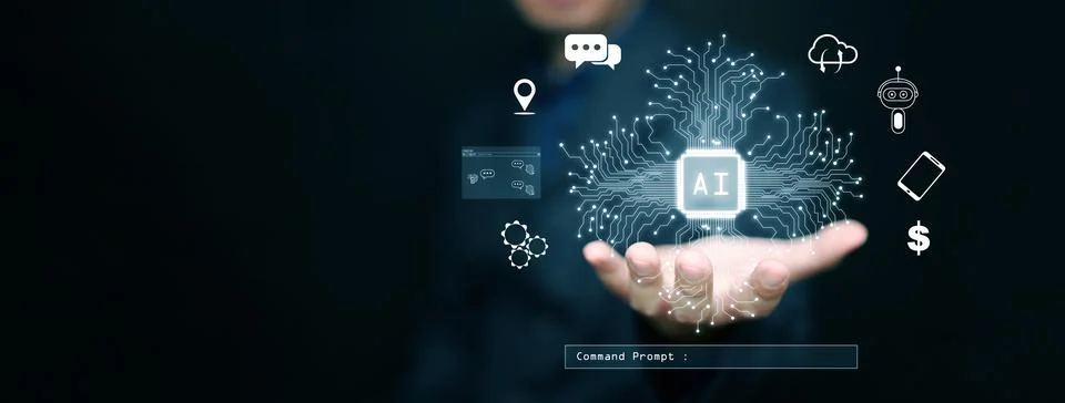 Ai technology, Artificial Intelligence. A man with AI smart chip on his han.. Stock Photos