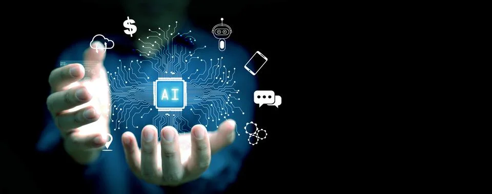 Ai technology, Artificial Intelligence. A man with AI smart chip in his han.. Stock Photos