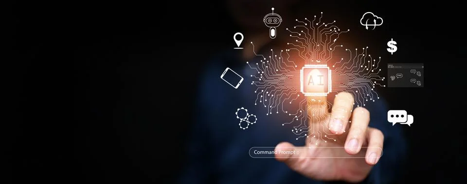 Ai technology, Artificial Intelligence. A man taps on AI smart chip and use.. 写真素材
