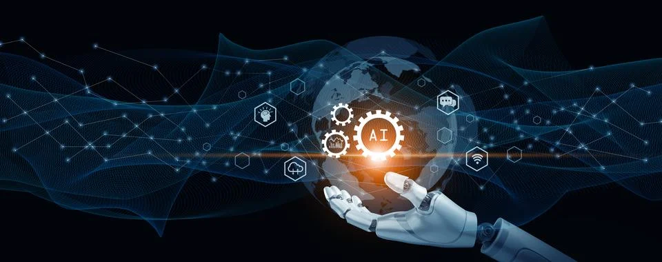 AI technology, Artificial Intelligence transforming the world. Robot's hand.. Illustrazione stock