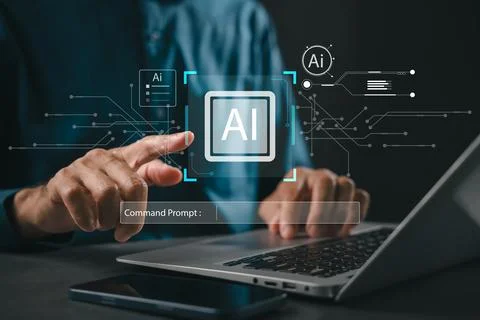Ai technology assists person using laptop to connect with smart artificial .. Stock Photos