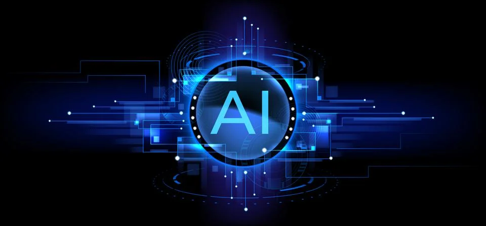 Ai technology background with neon tech frame Stock Illustration