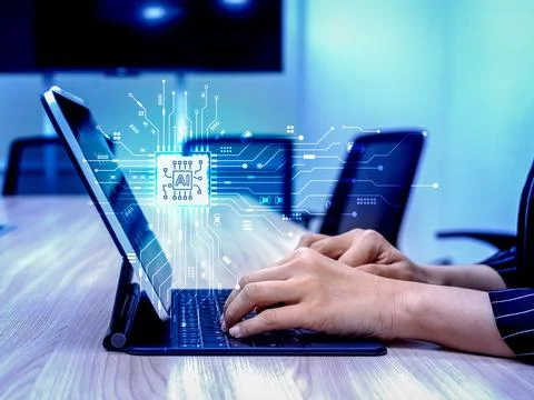 AI technology background, tech concept. Digital AI chip icon showing while .. Stock Photos