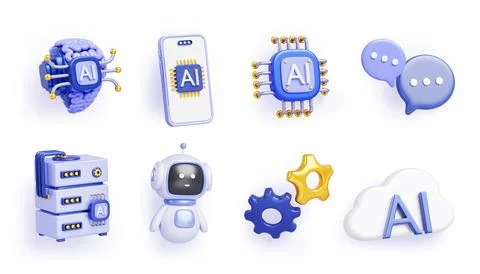 AI technology cartoon 3d render icon set. Artificial intelligence robot bot Stock Illustration