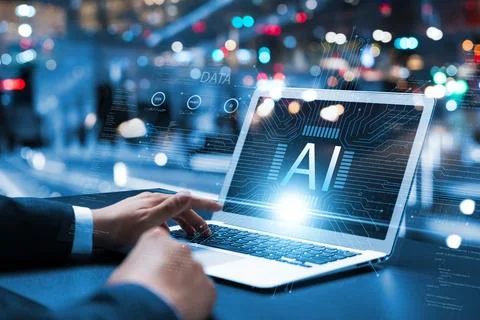 AI technology chatbot, businessman using laptop to communicate with AI and .. Stock Photos