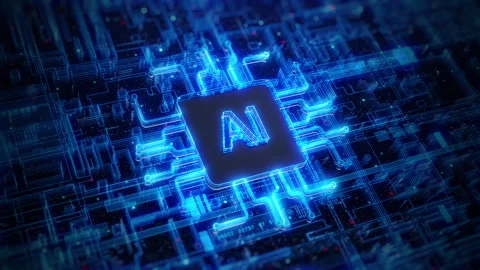 AI technology on a circuit board with blue neon lights, Digital circuit Video stock 276345816