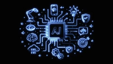 AI Technology Circuit with glowing blue neon light path effect Stock Footage 325551708