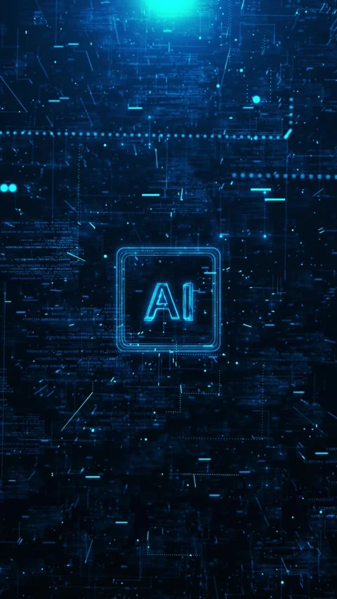 AI technology code interface glowing central symbol, blue panels, programming te Stock Footage 340557844
