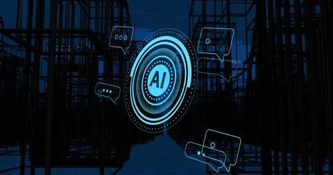 AI technology concept with digital chat icons and futuristic interface design Stock Photos