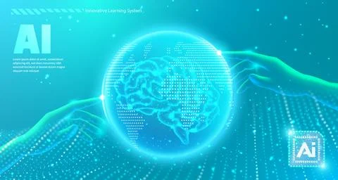 AI technology concept global earth brain hand and wave dot line futuristic .. Stock Illustration