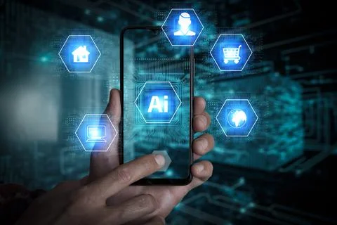 Ai technology concept. Man uses holographic interface business analytics and Foto stock