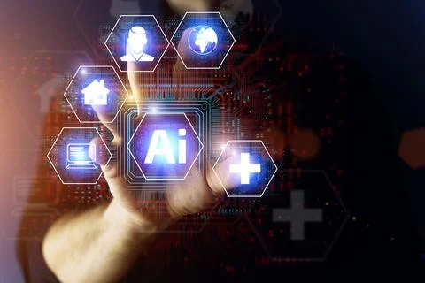 Ai technology concept. Man uses holographic interface business analytics and Foto stock
