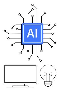 AI technology concept with microchip, computer monitor, and light bulb repr.. Stock-Illustration