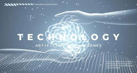 AI technology concept transparent hand holding brain hand and wave dot line.. Stock Illustration