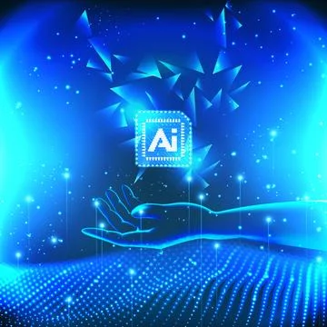 AI technology concept transparent hand holding brain and wave dot line futu.. Stock Illustration