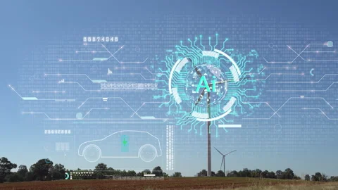 AI technology connection a wind turbine and electric vehicle car in the hologram Stock Footage 259938764