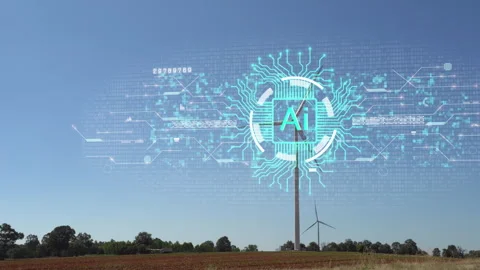 AI technology connection a wind turbine and electric vehicle car in the hologram Stock Footage 259938765