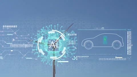 AI technology connection a wind turbine and electric vehicle car in the hologram Stock Footage 259938800