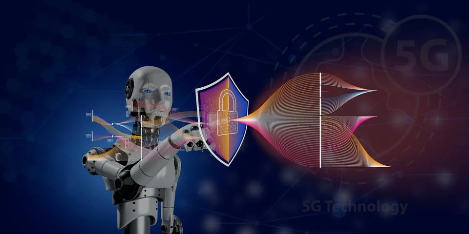 AI technology cyber security protect business by firewall program . 3D robo.. 스톡 일러스트