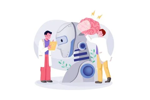 AI Technology Development. People carrying giant brain to put it inside robot Stock Illustration