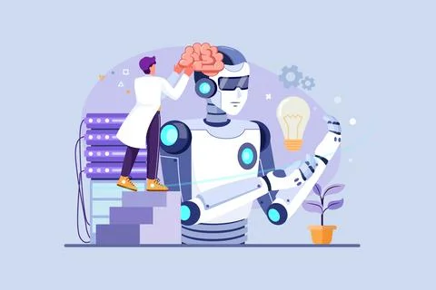 AI Technology Development. People carrying a giant brain to put it inside rob Stock Illustration