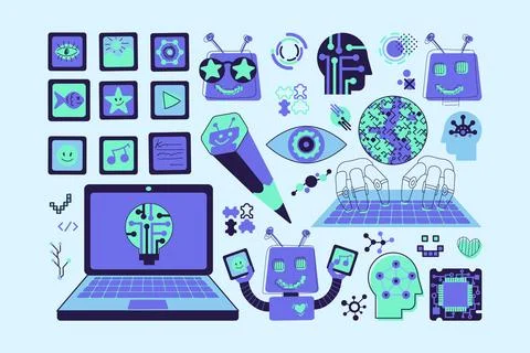 AI Technology Doodle Interface Icons Blue Violet Collection Ilustração Stock