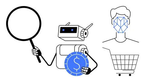 AI Technology in E-commerce with Facial Recognition and Automated Assistance Stock Illustration