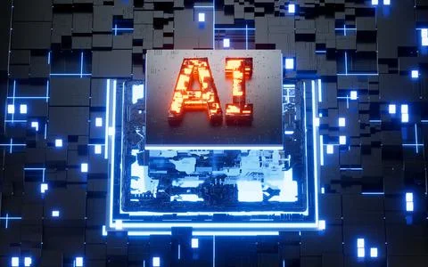 AI technology with glowing electronic chips, 3d rendering. Illustrazione stock