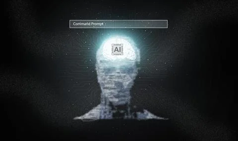 Ai technology. Glowing particles form a virtual graphic shape of human face.. Stock Illustration