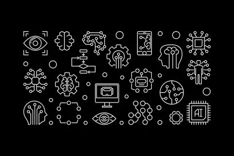 AI technology horizontal vector banner in thin line style Stock Illustration