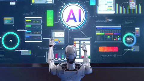 Ai technology with humanoid robot with hud graphic interface Stock Footage 314692325