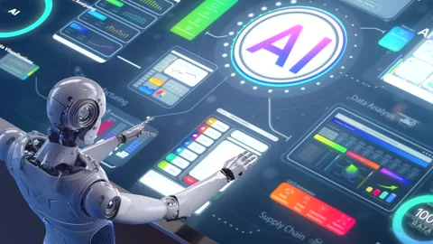 Ai technology with humanoid robot with hud graphic interface Stock Footage 314692328