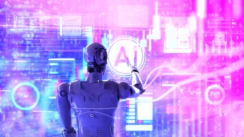 Ai technology with humanoid robot with hud graphic interface Stock Footage 314692330