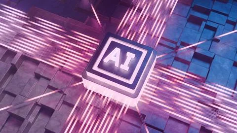 AI technology icon glowing on digital network background Stock Illustration