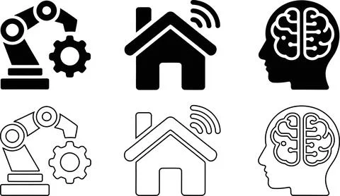 AI Technology Icon Set, Robot Arm Gear Smart Home Wifi and Human Brain Circ.. Stock Illustration