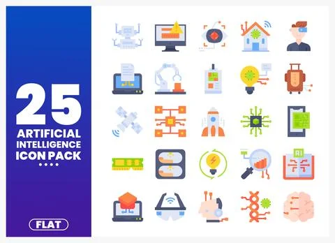 AI technology icons in flat design. Stock Illustration
