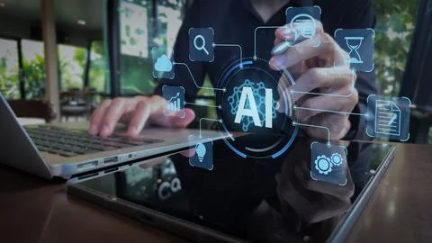 AI Technology Interface with Digital Icons and Business Workspace Foto stock