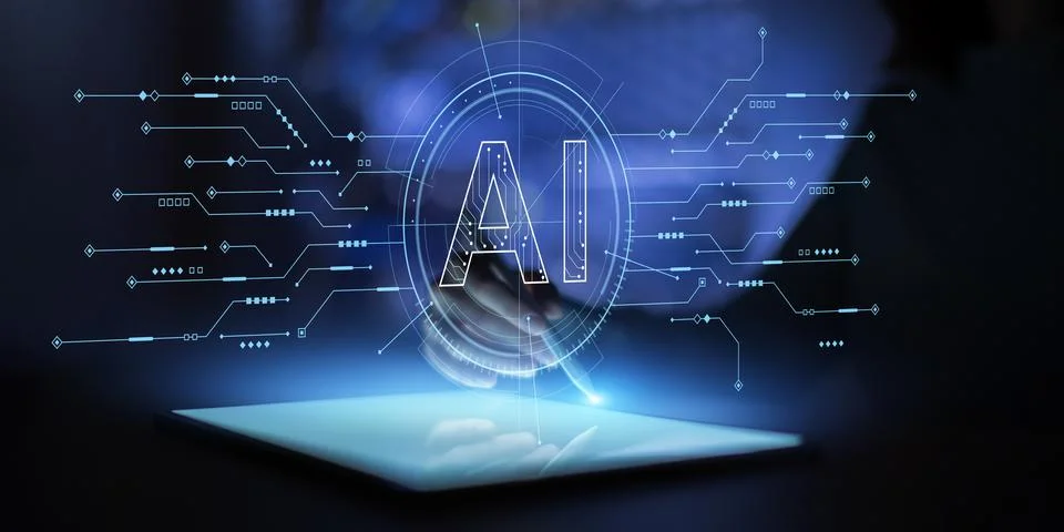 AI Technology Interface Operated Through Human Touch and Digital Control. Stock-Fotos