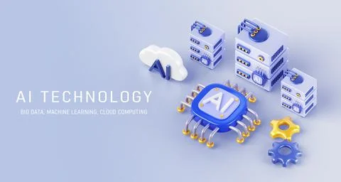 AI technology isometric 3d banner. Artificial intelligence server with chip 스톡 일러스트