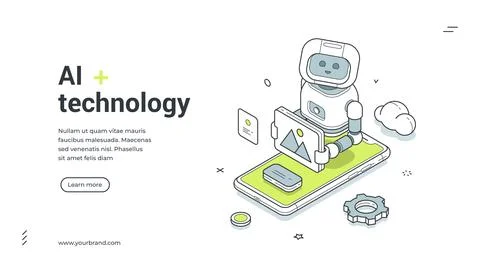 AI technology isometric banner. Robot for image processing and cloud data. Mo 스톡 일러스트