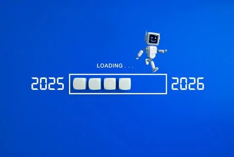 AI technology loading from 2025 to 2026 with cute robot and progress bar on.. 스톡 사진