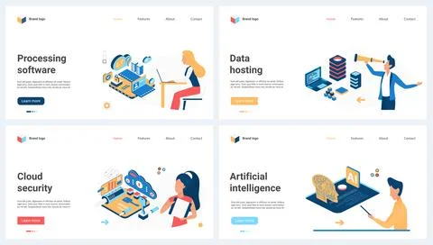 AI technology, machine integration in business and education set, futuristic Stock Illustration