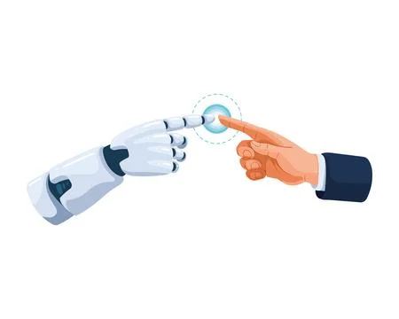 Ai technology man and robot touching fingers Stock Illustration