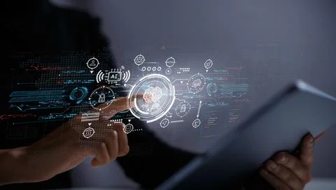 AI technology on mobile devices with various features. Female hand touching.. Foto stock