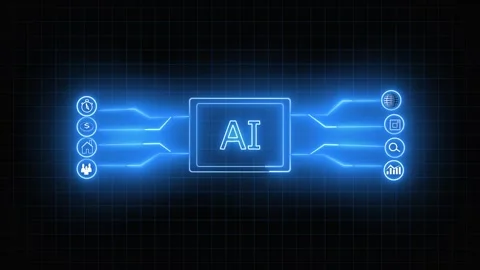 AI Technology Network with Icons and Glowing Blue Lines on Grid Background .. Stock Footage 331877762