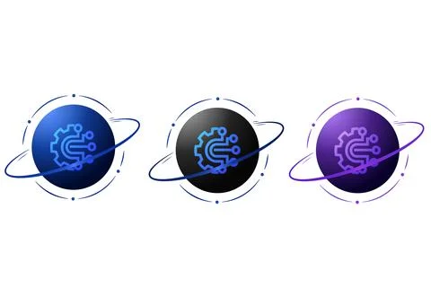AI Technology Planet Vector Set with Digital Circuit, Orbit and Futuristic Netwo イラスト素材