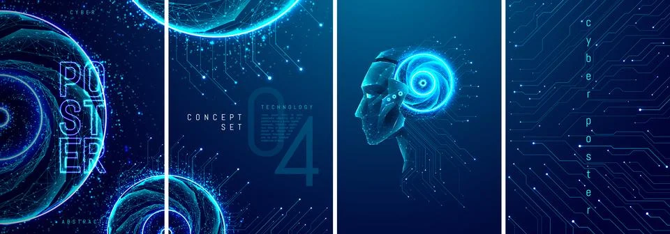 AI technology poster design. Set of posters in futuristic light blue. Stock Illustration
