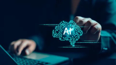 AI Technology Power Artificial Intelligence, Woman Points Pen at AI Virtual.. Stock Photos