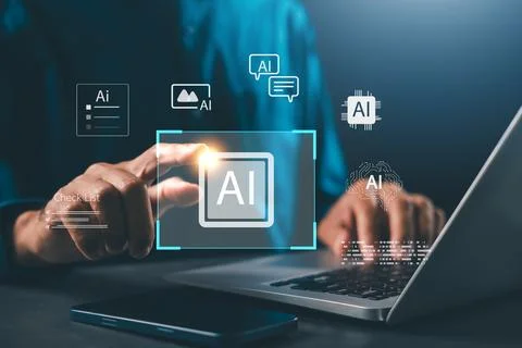 AI technology power, smart robot intelligence, command prompt transformatio.. Stock Photos